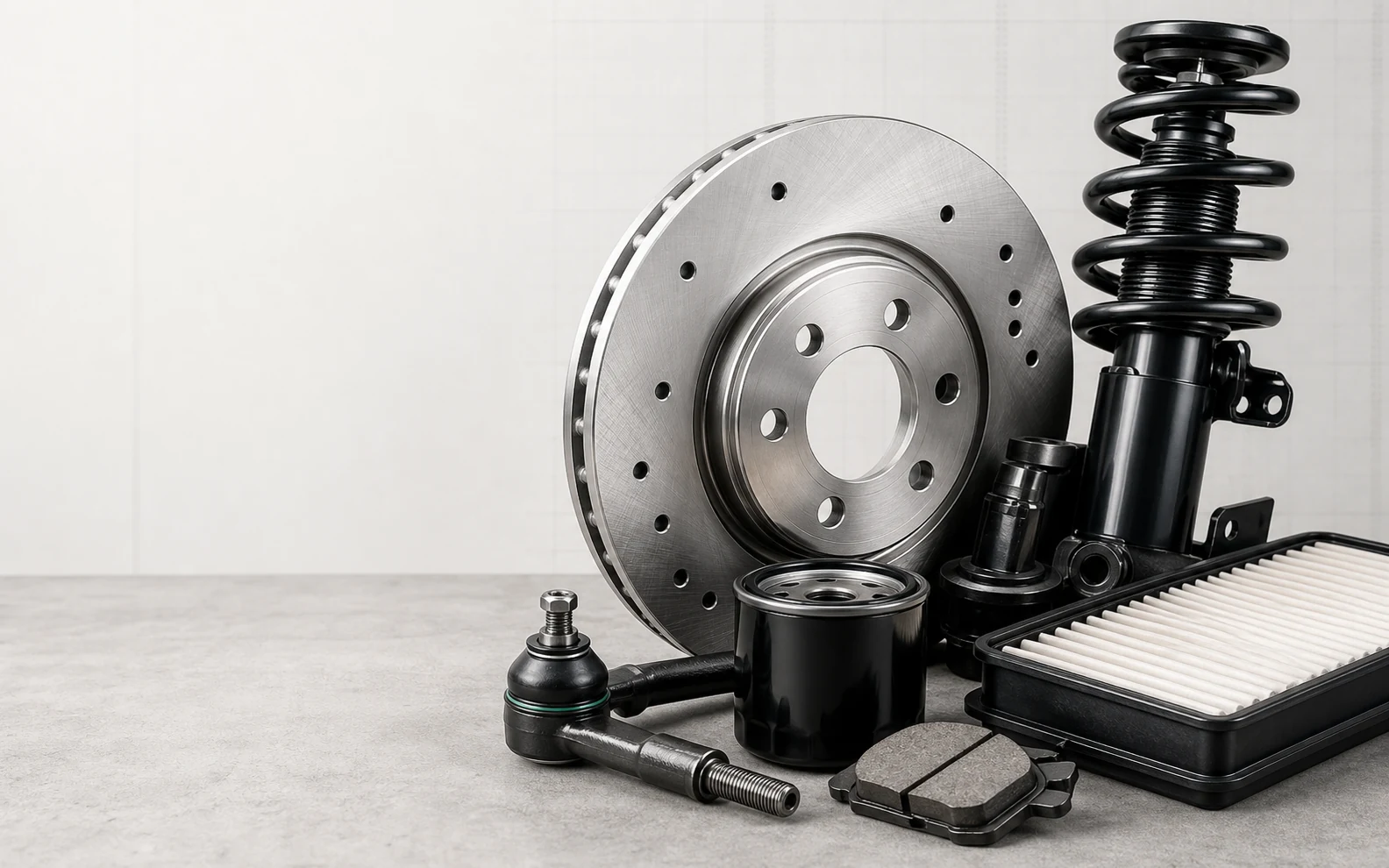 Automotive spare parts arranged in a workshop