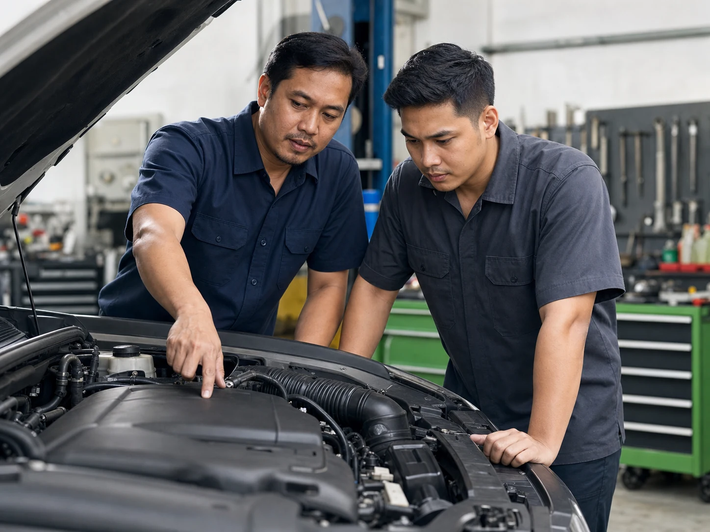 Automotive technician inspecting a component